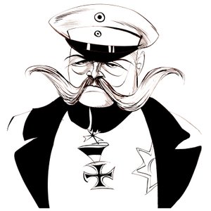 Paul von Hindenburg - puolalainen, saksalainen kenraali ja presidentti (1847-1934); mustavalkoinen karikatyyri
